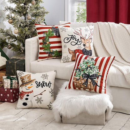 Set of 4 Holiday Red Decorative Pillow Covers 16X16 Inch Snowman Elk Merry Christmas Throw Pillow Cases Winter Seasonal Cushion Cases Home Decors for Sofa Couch Bedroom
