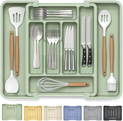 Expandable Silverware Organizer for Kitchen Drawers - BPA-Free Thick Plastic with Wider Compartments and Non-Skid Feet (Sage Green)