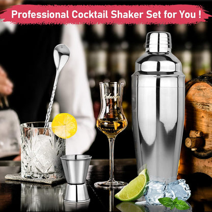 25 oz Professional Cocktail Shaker Set - Includes Martini Shaker, Margarita Mixer, Measuring Jigger, and Mixing Spoon - Premium 18/8 Stainless Steel Bar Tools for Mixology