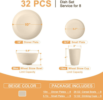 32-Piece Eco-Friendly Wheat Straw Dinnerware Set for 8 - Reusable Plates and Bowls, Suitable for Camping and Picnics, Microwave and Dishwasher Safe - Beige