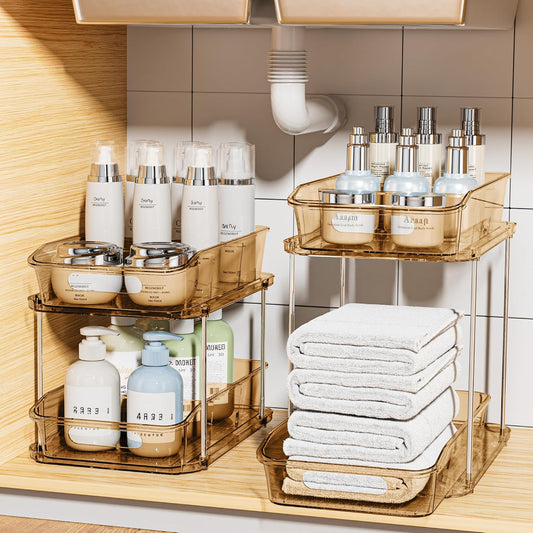2 Sets of 2-Tier Clear under Sink Organizers and Storage, Multi-Purpose Stackable Bathroom Cabinet Organizers, Amber