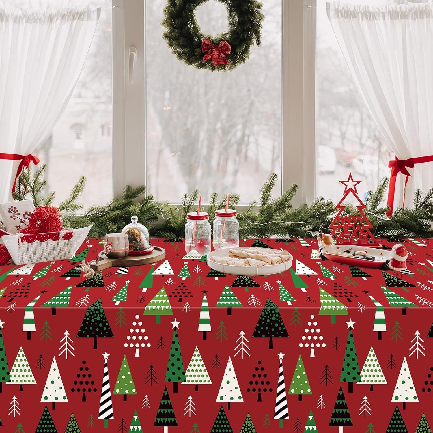 3 Pack Christmas Tree Table Cloth for Rectangle Table, Red Green Xmas Disposable Plastic Table Cover Waterproof Christmas Table Decorations for Winter Holiday New Year Party Supplies, 54X108 Inch