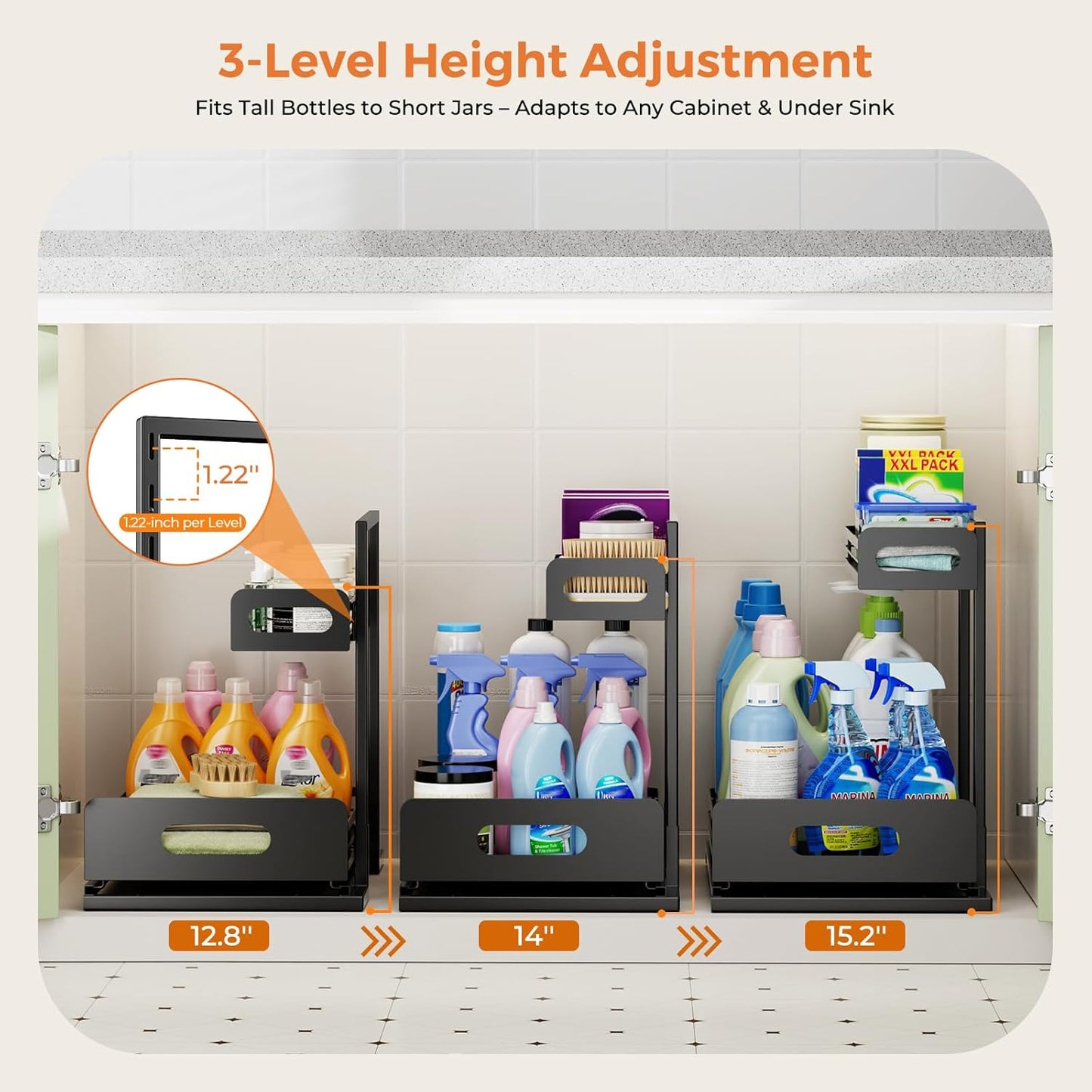 2 Pack Metal under Sink Organizers and Storage, 2 Tier Pull Out under Cabinet Organizer for Kitchen Bathroom, Adjustable under Sink Shelf for under Counter Storage Organizer, Black