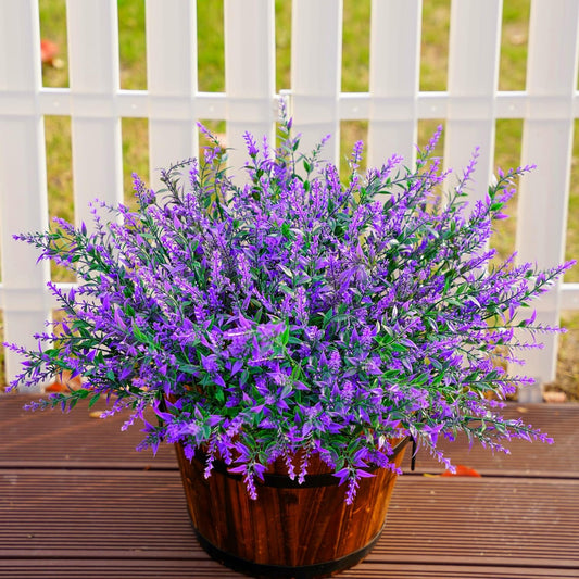 Artificial Plants Outdoor Flowers Spring Decoration, 10 Bundles Fake Plastic Greenery UV Resistant Realistic Faux Lavender Look Real for Home Porch Planter Window Patio (Purple)