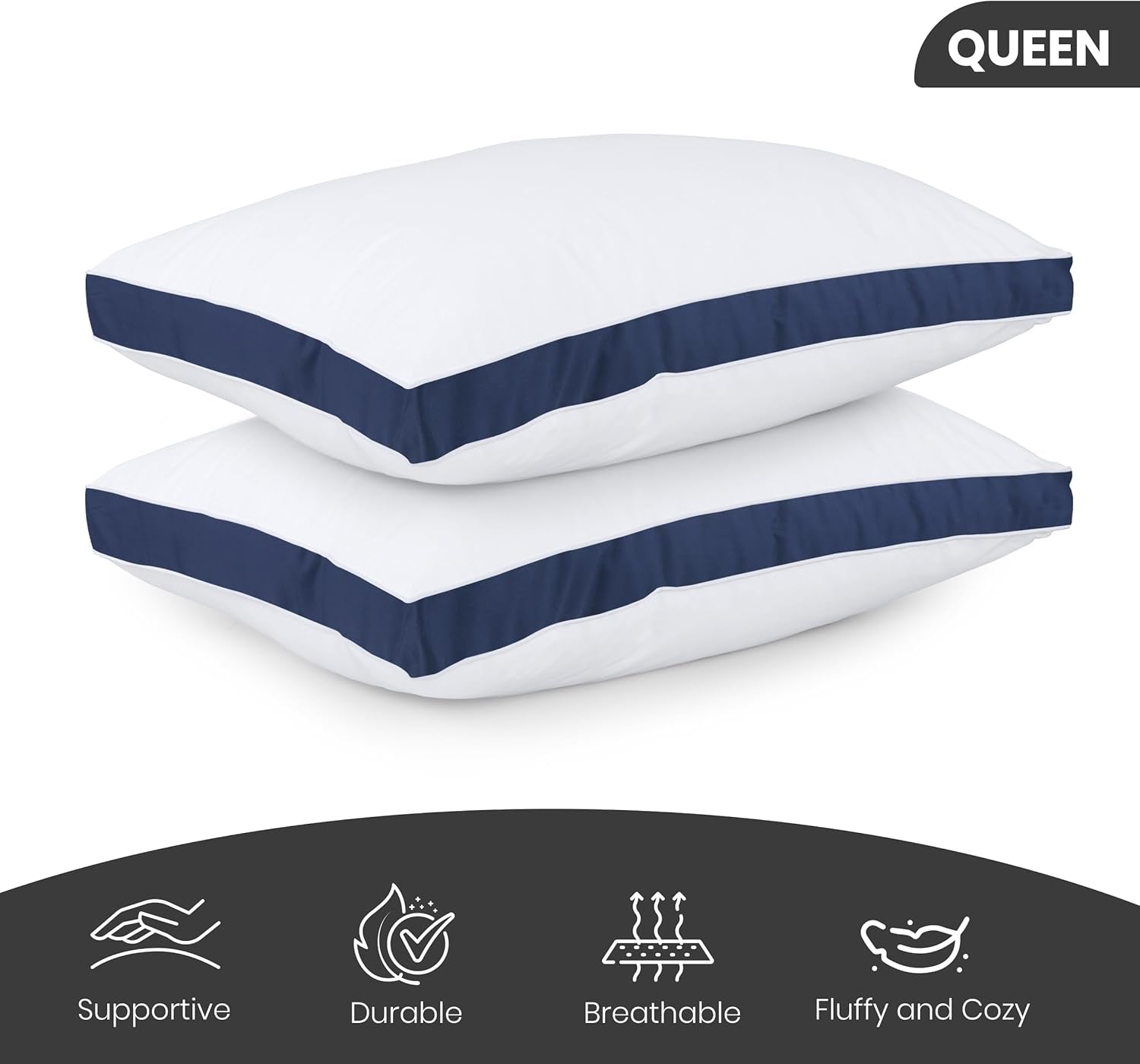 Bed Pillows for Sleeping Queen Size (Navy), Set of 2, Cooling Hotel Quality, Gusseted Pillow for Back, Stomach or Side Sleepers