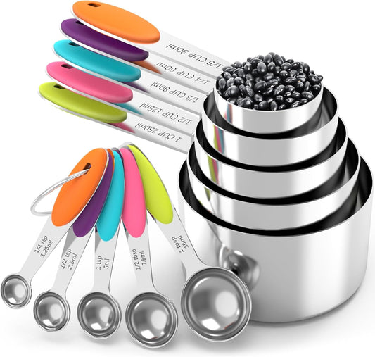 Measuring Cups and Spoons Set, Stainless Steel, Kitchen Utensils for Cooking and Baking (10, Colorful)
