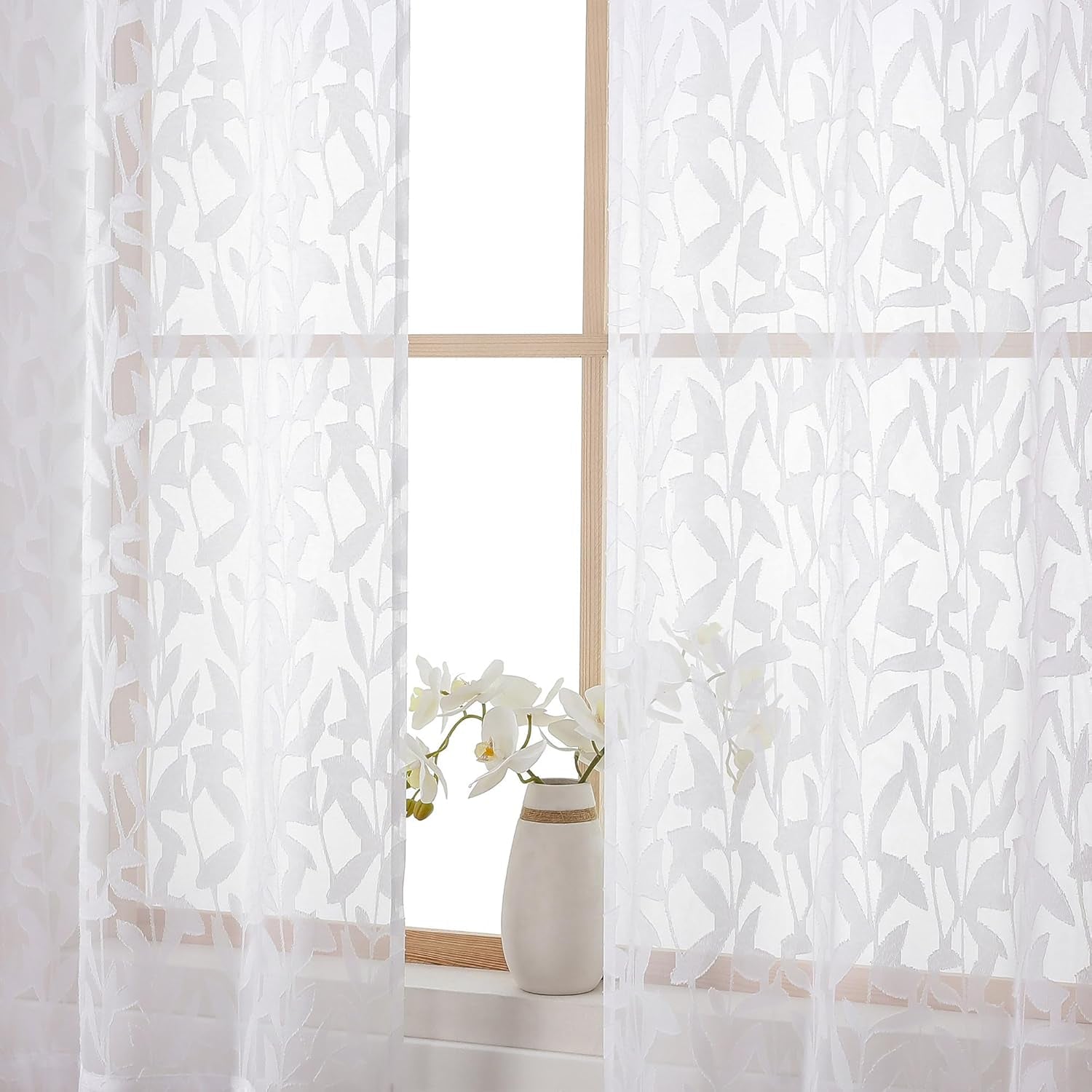 Leyna 2 Panels Sheer White Curtains 63 Inch Length for Bedroom, Soft Lightweight Jacquard Clip Window Curtain for Living Room, Double Rod Pockets Textured Drapes, Each 40Wx63L Inches
