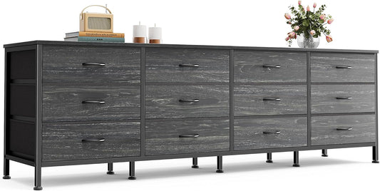 70-Inch Charcoal Black Wood Grain Dresser and TV Stand for 65-80 Inch TVs with 12 Fabric Drawers - Large Storage Organizer Unit for Bedroom