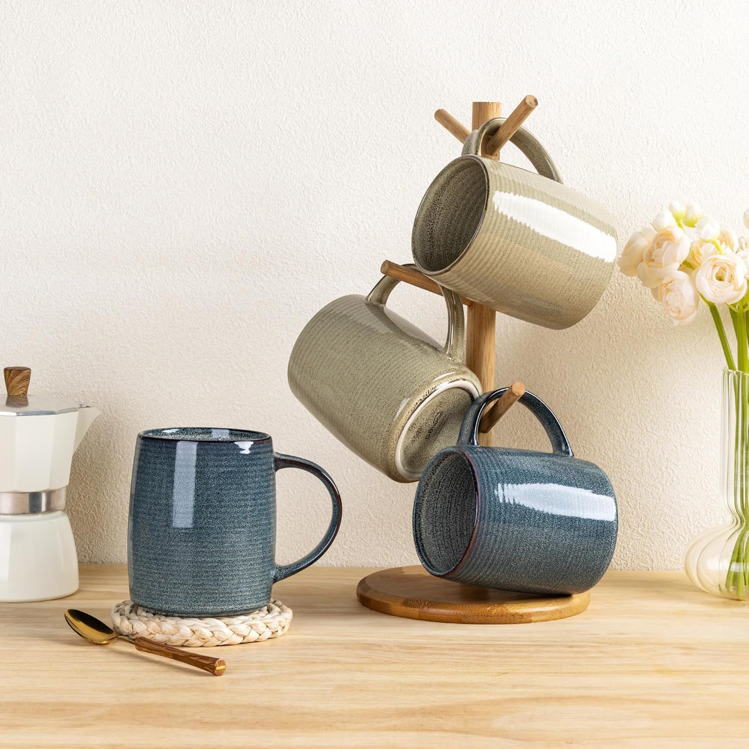 Set of 6 Large Handmade Stoneware Coffee Mugs, 18 Oz - Dishwasher & Microwave Safe, Multi-Color for Latte, Cappuccino, and Hot Cocoa
