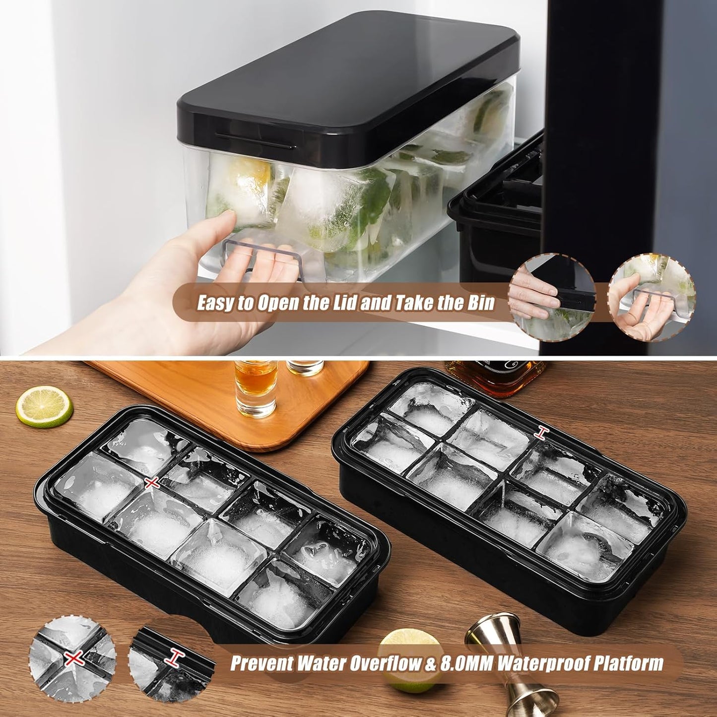 Large Ice Cube Tray with Lid and Bin, Ice Trays for Freezer, 2 INCH Whiskey Ice Cubes Mold, 2*8 Pcs Square Ice Cube Mold with Tong, Easy to Release, Large Ice Tray for Whiskey Cocktail Bourbon