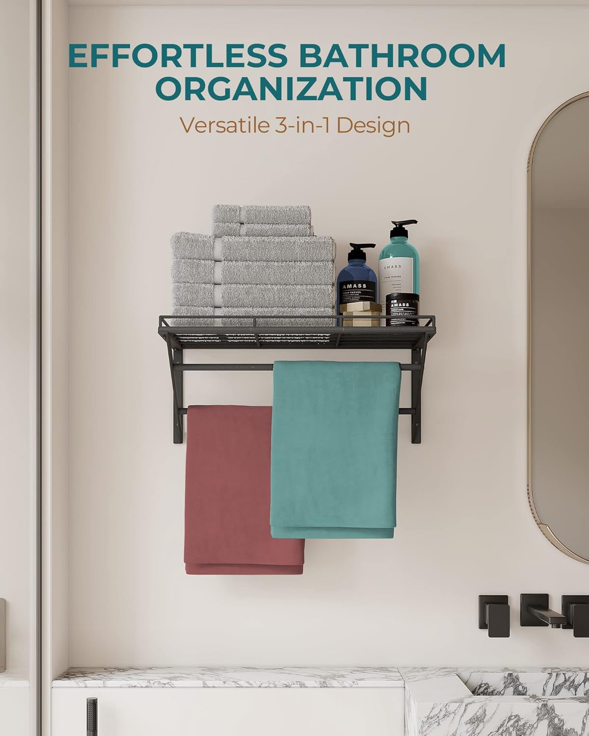 23 Inch Wall Mounted Pot Rack Storage Shelf with 2 Tier Hanging Rails 12 S Hooks Included, Ideal for Pans, Utensils, Cookware, Plant Black