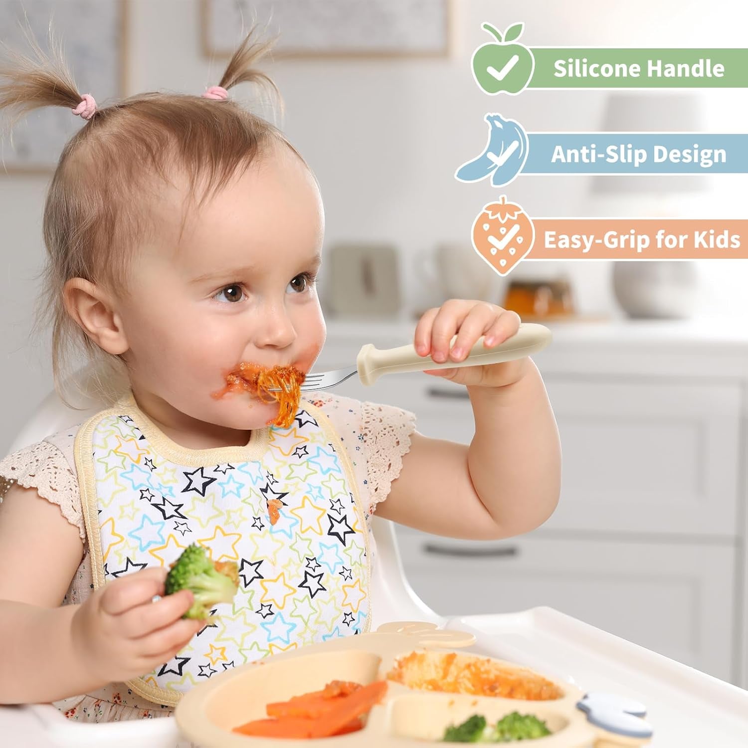 Toddler Forks Set - 8-Piece Baby Silverware with Silicone Handles, 18/8 Stainless Steel, Safe for Self-Feeding, Anti-Choke Design, Food Grade and Dishwasher Safe