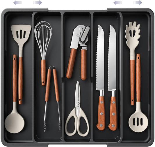 Silverware Organizer - Expandable Utensil Drawer Organizer with Non-Slip Pads, Adjustable Kitchen Drawer Organizer for Home, Apartment and Kitchen Essentials, Black, 13.6" X 1.4" X 11.0"~19.9"