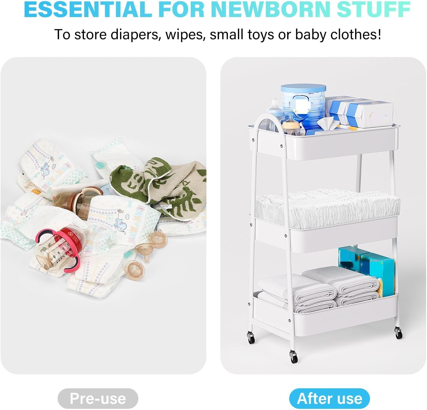 Baby Diaper Caddy Organizer, Metal Utility Diaper Cart, Multifunction Essential Newborn Baby Registry Items, Movable Changing Station/Easy Assembly, White