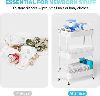 Baby Diaper Caddy Organizer, Metal Utility Diaper Cart, Multifunction Essential Newborn Baby Registry Items, Movable Changing Station/Easy Assembly, White