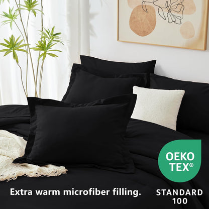 Queen Comforter Set Black, 7 Pieces Bed in a Bag Soft Bedding Comforter Set with Sheets, All Season Boho 7PC Bed Sets with Comforter, Fitted Sheets, Flat Sheets, Pillow Shams and Pillowcases