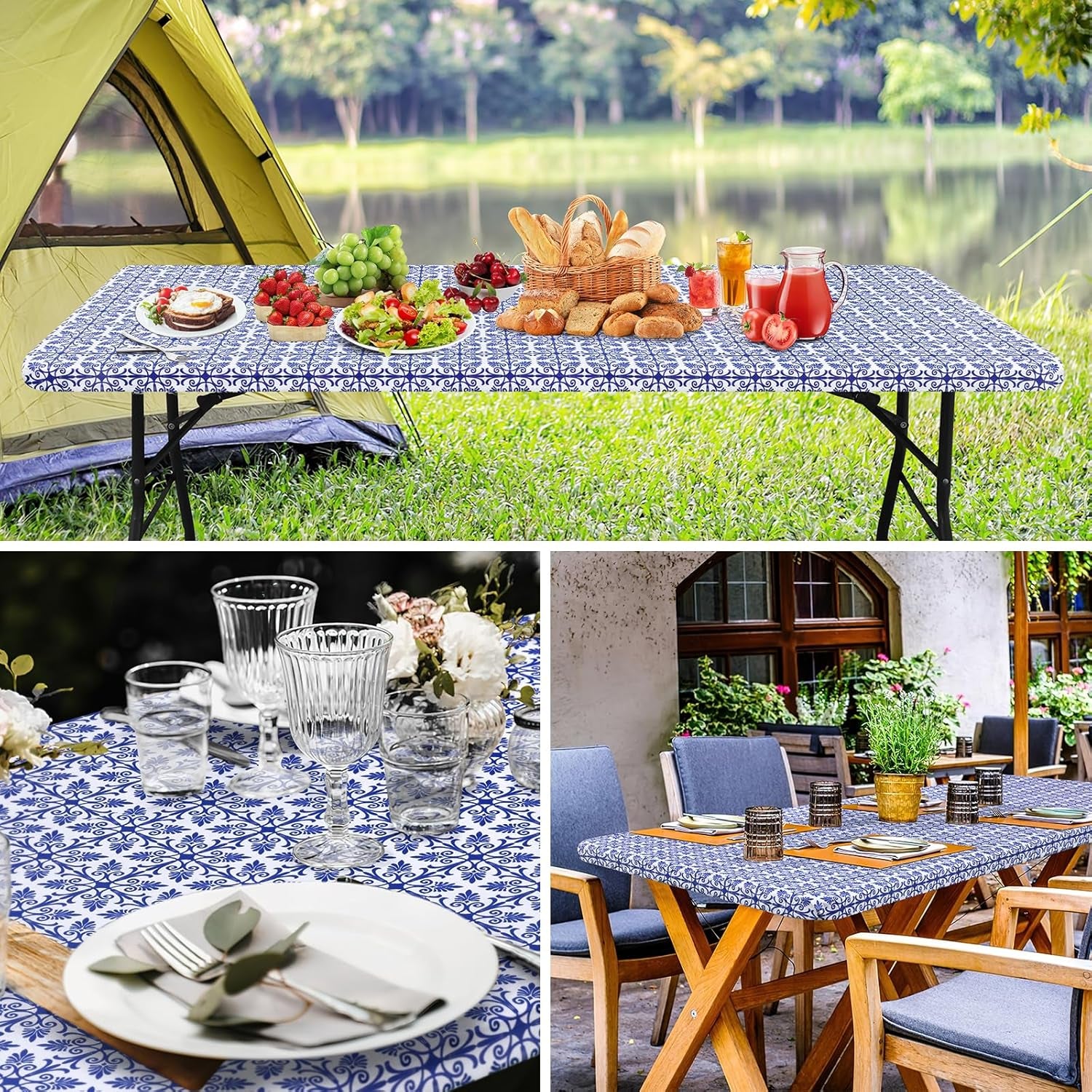 Rectangle Vinyl Table Cloth, Elastic Fitted Flannel Backed Tablecloth, 100% Waterproof Plastic Table Cover Fits 6 Foot Folding Tables for Picnic, Camping, Outdoor (Blue, 30" X 72")