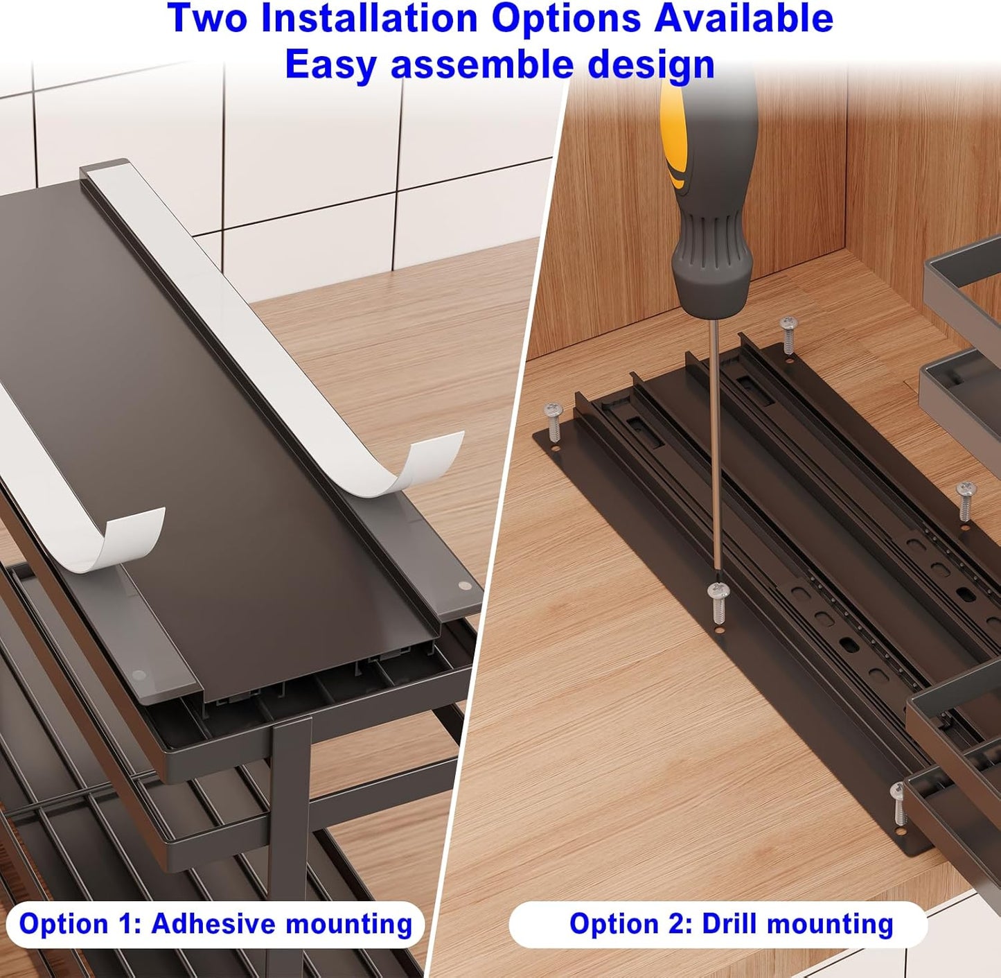 2 Pack Pull Out Spice Rack Organizer for Cabinet, 2 Tier Metal Slide Out Seasoning Organizer and Storage Heavy Duty Vertical Spice Rack Shelf Pullout for Kitchen Cabinets No Drilling (Black)