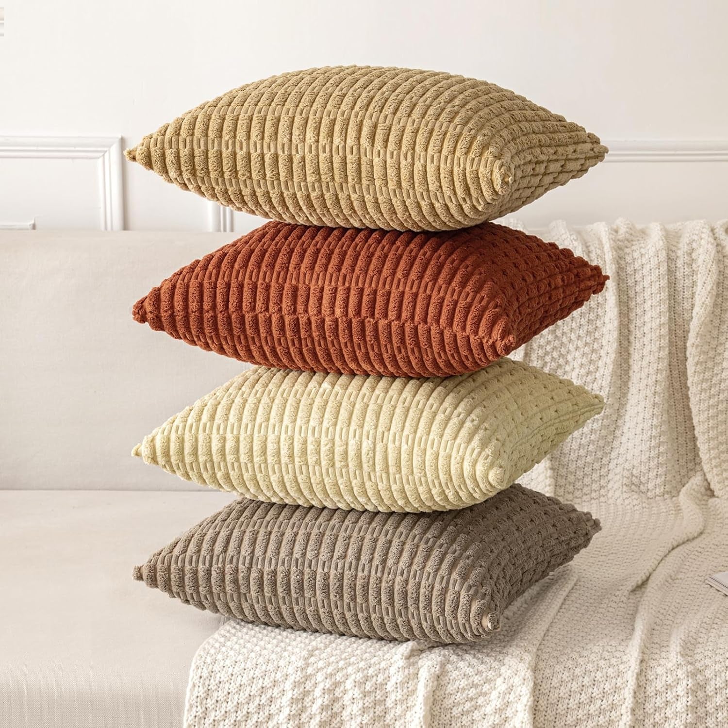 Pack of 2 Dark Rust Corduroy Decorative Fall Pillow Covers 18X18 Inch Soft Boho Striped Throw Pillow Covers Modern Farmhouse Home Decor for Summer Sofa Living Room Couch Bed