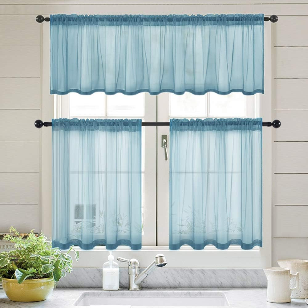 Solid Sheer Dusty Blue Valance Kitchen Linen Look Window Curtain,Living Room Windows Voile Valance Rod Pocket 1 Panels (60" W X 18" L)