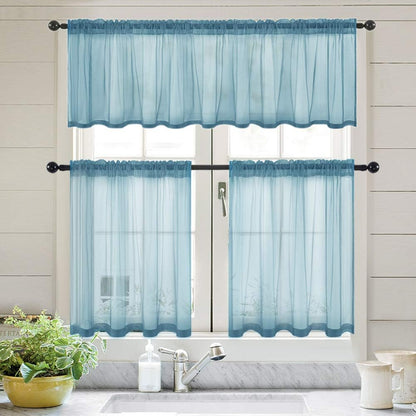 Solid Sheer Dusty Blue Valance Kitchen Linen Look Window Curtain,Living Room Windows Voile Valance Rod Pocket 1 Panels (60" W X 18" L)