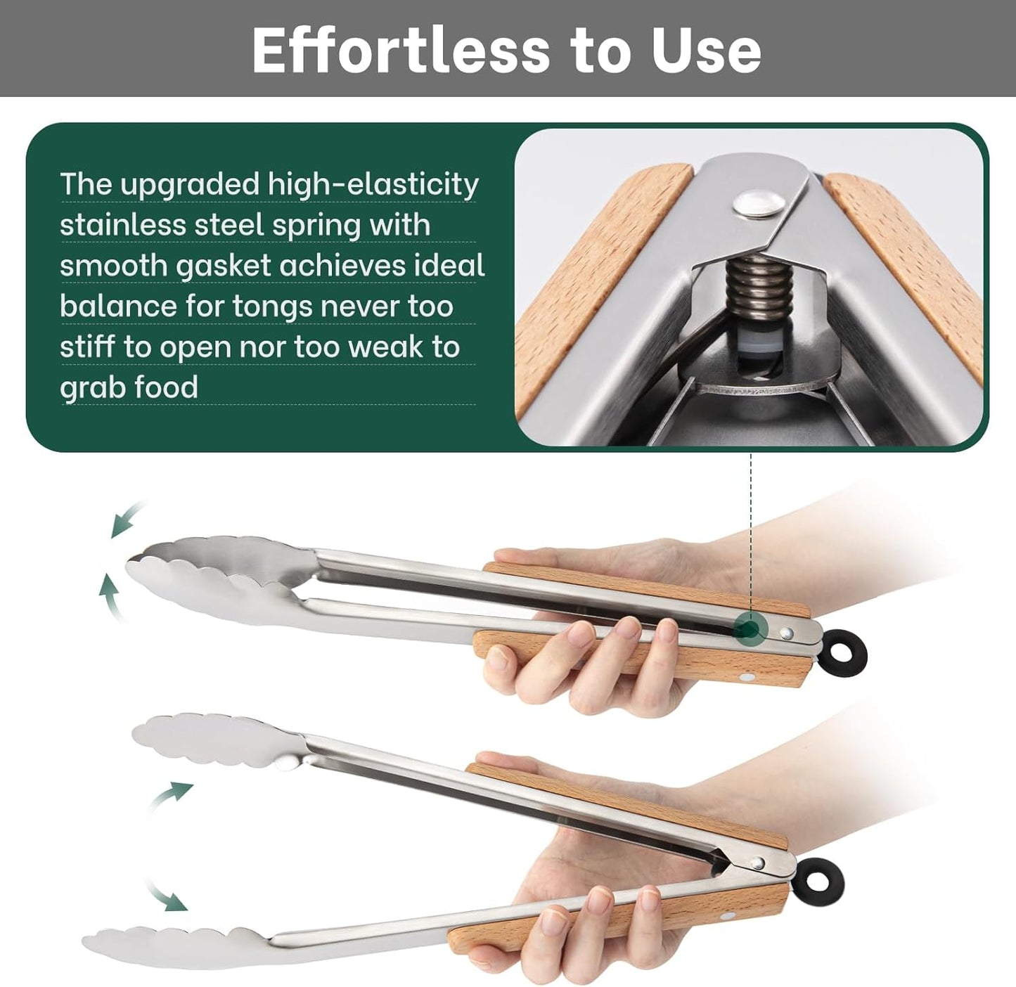 Tongs for Cooking, Food-Grade Stainless Steel Kitchen Tongs 12-Inch with Lightweight Heat-Insulating Wooden Grip & Non-Slip Scalloped Tips, Sturdy Locking Metal Tong for Cooking, Grill