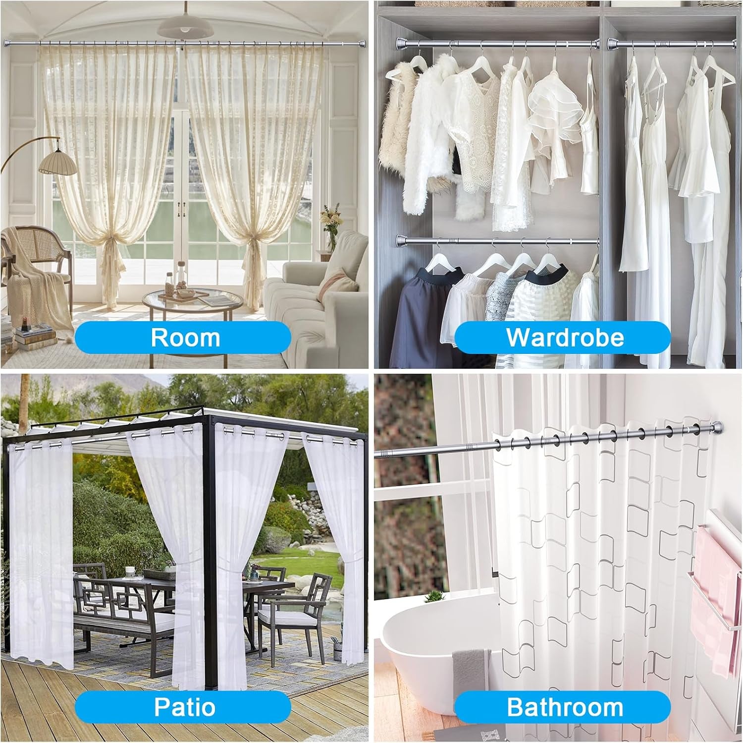 Shower Curtain Rod, 27-76 Inch Adjustable Tension Spring, Shower Curtain Rod Tension, Anti-Slip, Rust-Proof, No Drilling, for Bathroom, Silver