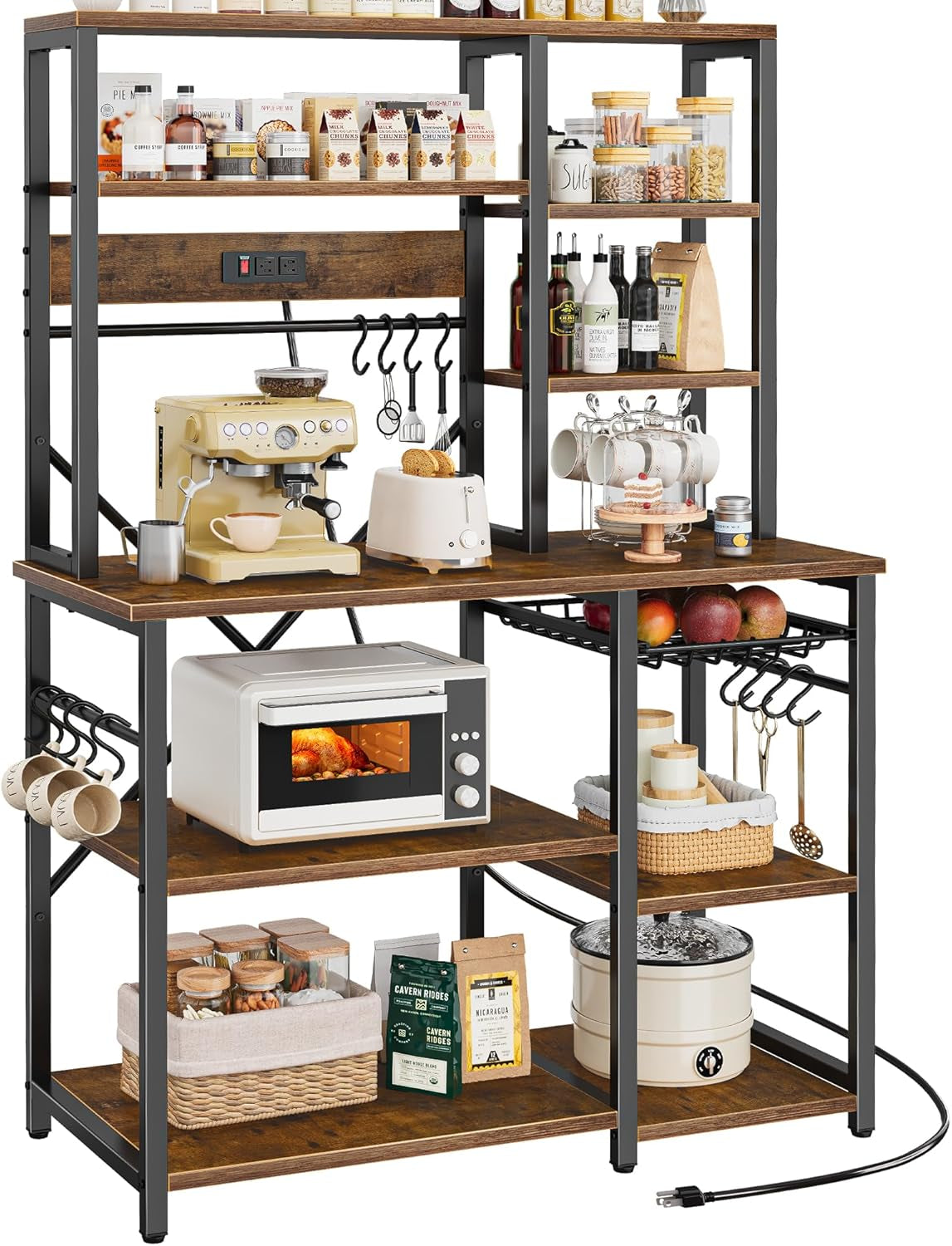 Large Rustic Brown Bakers Rack with Power Outlets, 6-Tier Microwave Stand and Coffee Bar, Featuring 12 S-Shaped Hooks and Wire Basket, Dimensions: 39.3 x 15.5 x 66.9 Inches