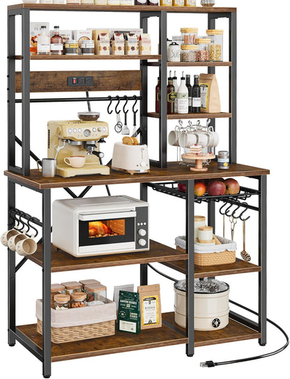 Large Rustic Brown Bakers Rack with Power Outlets, 6-Tier Microwave Stand and Coffee Bar, Featuring 12 S-Shaped Hooks and Wire Basket, Dimensions: 39.3 x 15.5 x 66.9 Inches