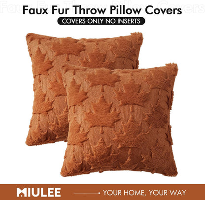 Fall Autumn Throw Pillow Covers 18X18 Rust Set of 2 Thanksgiving Decorative Solid Maple Leaf Pattern Accent Pillow Covers Soft Plush Faux Wool for Home Decor Holiday Outdoor Porch Bedroom