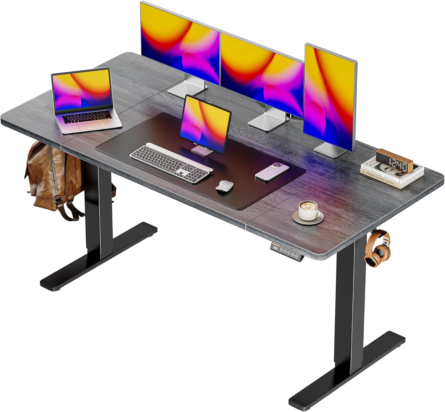 Large Electric Height Adjustable Standing Desk, 55" x 28", 27.6" Deep Desktop, Gaming and Office Desk with 2 Hooks and 3 Preset Heights, Grey Finish