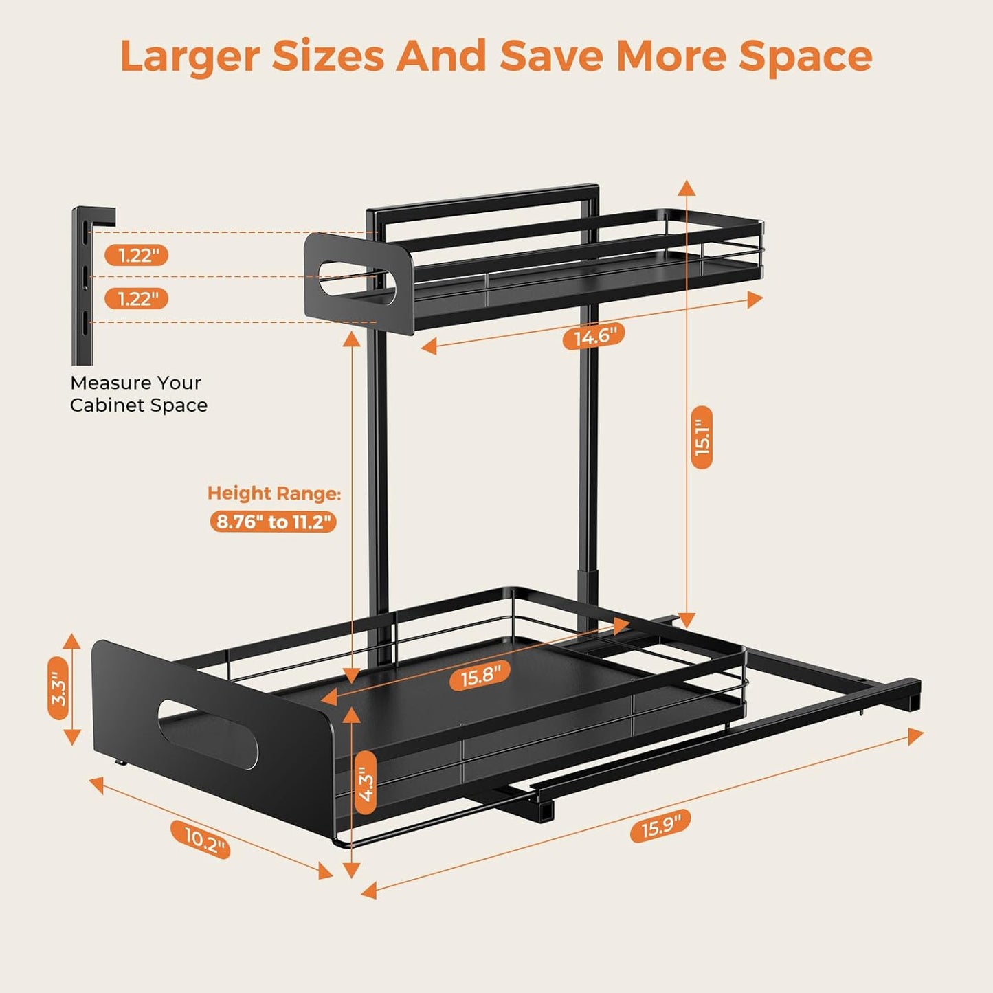 2 Pack Metal under Sink Organizers and Storage, 2 Tier Pull Out under Cabinet Organizer for Kitchen Bathroom, Adjustable under Sink Shelf for under Counter Storage Organizer, Black