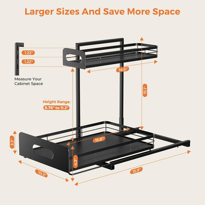 2 Pack Metal under Sink Organizers and Storage, 2 Tier Pull Out under Cabinet Organizer for Kitchen Bathroom, Adjustable under Sink Shelf for under Counter Storage Organizer, Black