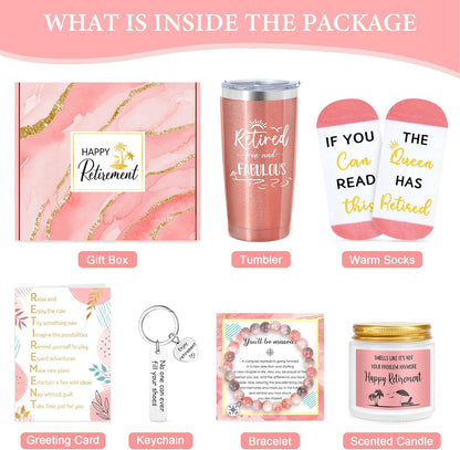 Elegant Retirement Gift Basket for Women 2025 - Thoughtful Retirement Presents for Coworkers, Teachers, Nurses, Bosses, Friends, Moms, and Grandmothers, Featuring a 20oz Tumbler, Greeting Card, and "The Queen Has Retired" Socks