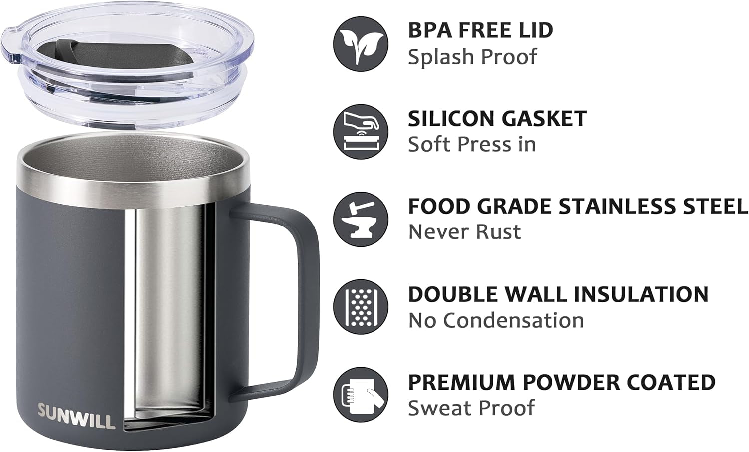 Travel Coffee Mug with Lid, Insulated Tumbler with Handle, 14 Oz Stainless Steel Cup for Home, Office, Camping, Powder Coated Charcoal