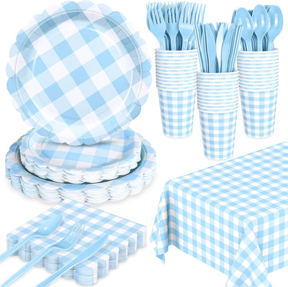 176 PCS Light Blue Gingham Plates and Napkins, Blue Checkered Disposable Plates Set with Napkins Cups Plastic Spoons Forks Knives for Dinner Birthday Baby Shower Wedding Supplies Serve 25 Guests