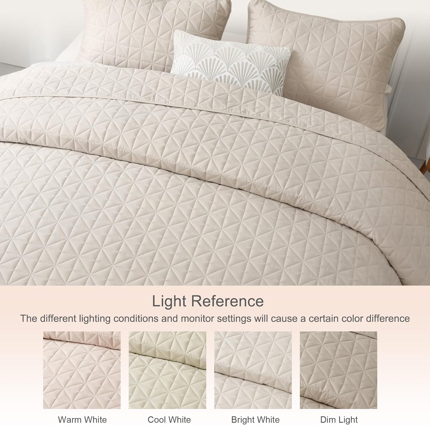 Queen Size Quilted Bedding Set with Stitched Grid Pattern, Lightweight Birch Beige Bedspread and Pillow Shams for All Seasons (Includes 1 Quilt and 2 Pillow Shams)