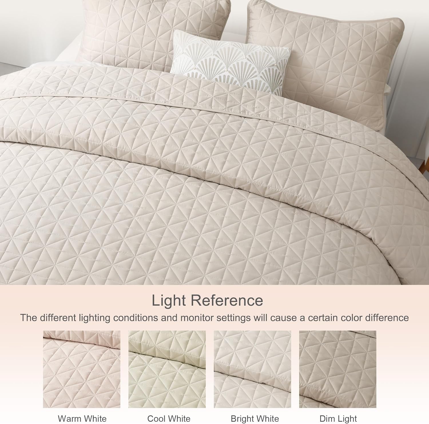 Queen Size Quilted Bedding Set with Stitched Grid Pattern, Lightweight Birch Beige Bedspread and Pillow Shams for All Seasons (Includes 1 Quilt and 2 Pillow Shams)