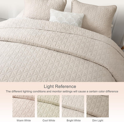 Queen Size Quilted Bedding Set with Stitched Grid Pattern, Lightweight Birch Beige Bedspread and Pillow Shams for All Seasons (Includes 1 Quilt and 2 Pillow Shams)