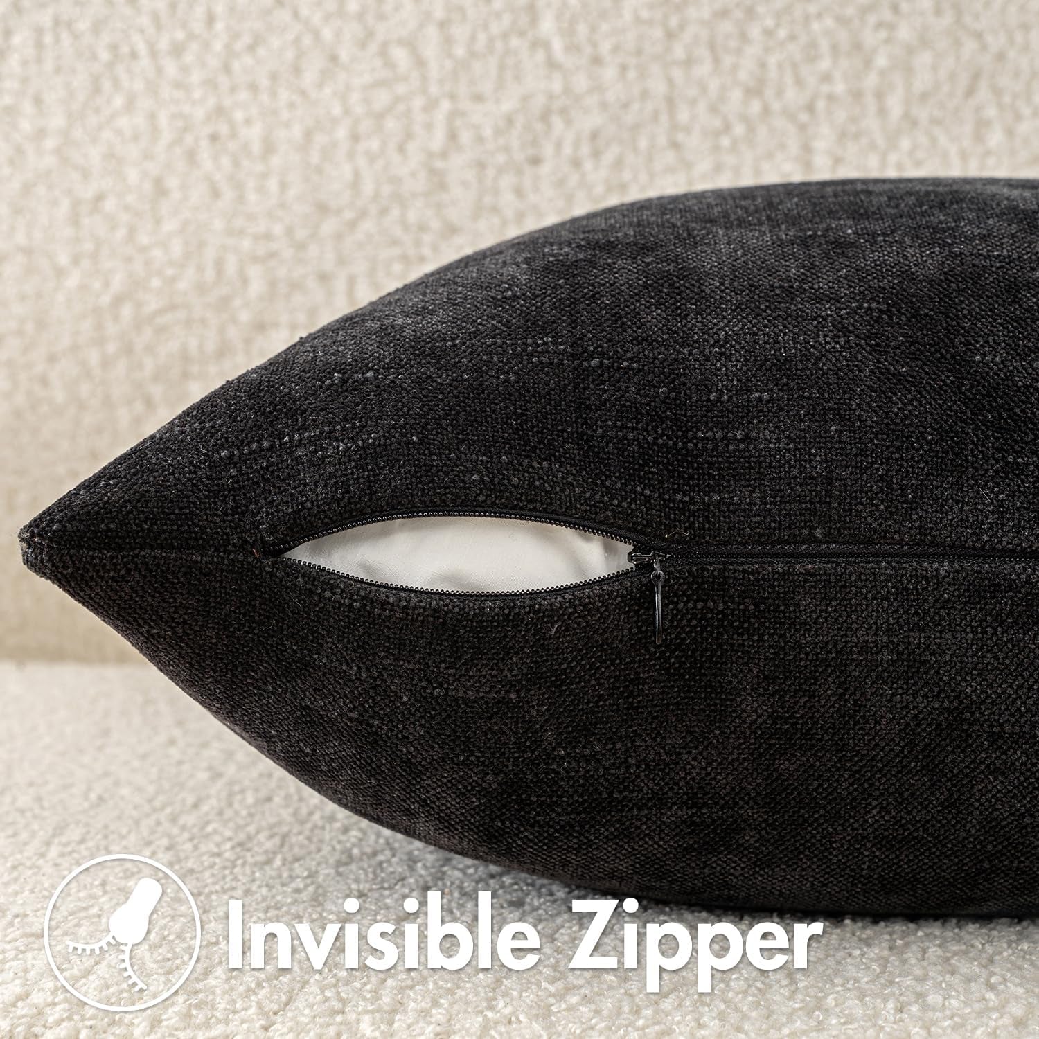 Pack of 2 Decorative Throw Pillow Covers Soft Chenille Throw Pillows Solid Neutral Farmhouse Textured Cushion Covers for Couch Sofa Bedroom Living Room 18X18 Inch, Black