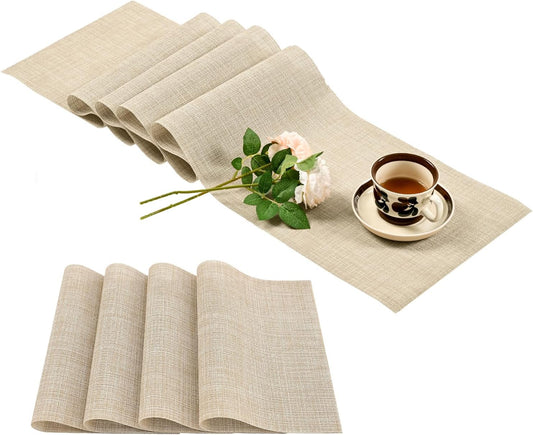 Beige Table Runner and Placemats Set of 5, Heat Resistant Non-Slip Place Mats for Dining Table, Washable Durable PVC Vinyl Woven Table Runner Set