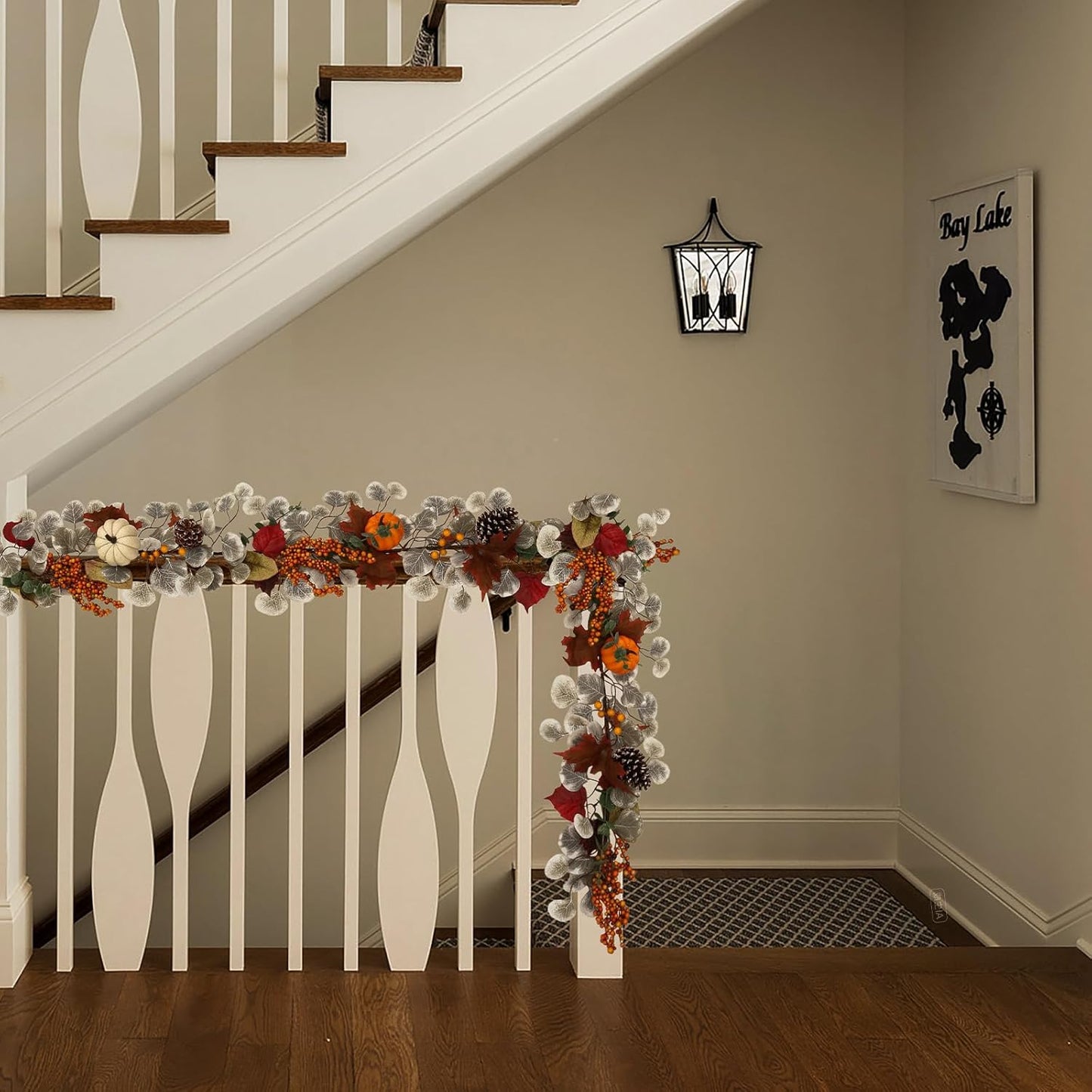 Fall Leaves Garland for Mantle, 6Ft Greenery Leaf Garland with Pumpkins and Fall Eucalyptus for Table,Mantle,Fireplace,Autumn and Thanksgiving Decor