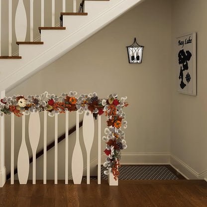 Fall Leaves Garland for Mantle, 6Ft Greenery Leaf Garland with Pumpkins and Fall Eucalyptus for Table,Mantle,Fireplace,Autumn and Thanksgiving Decor