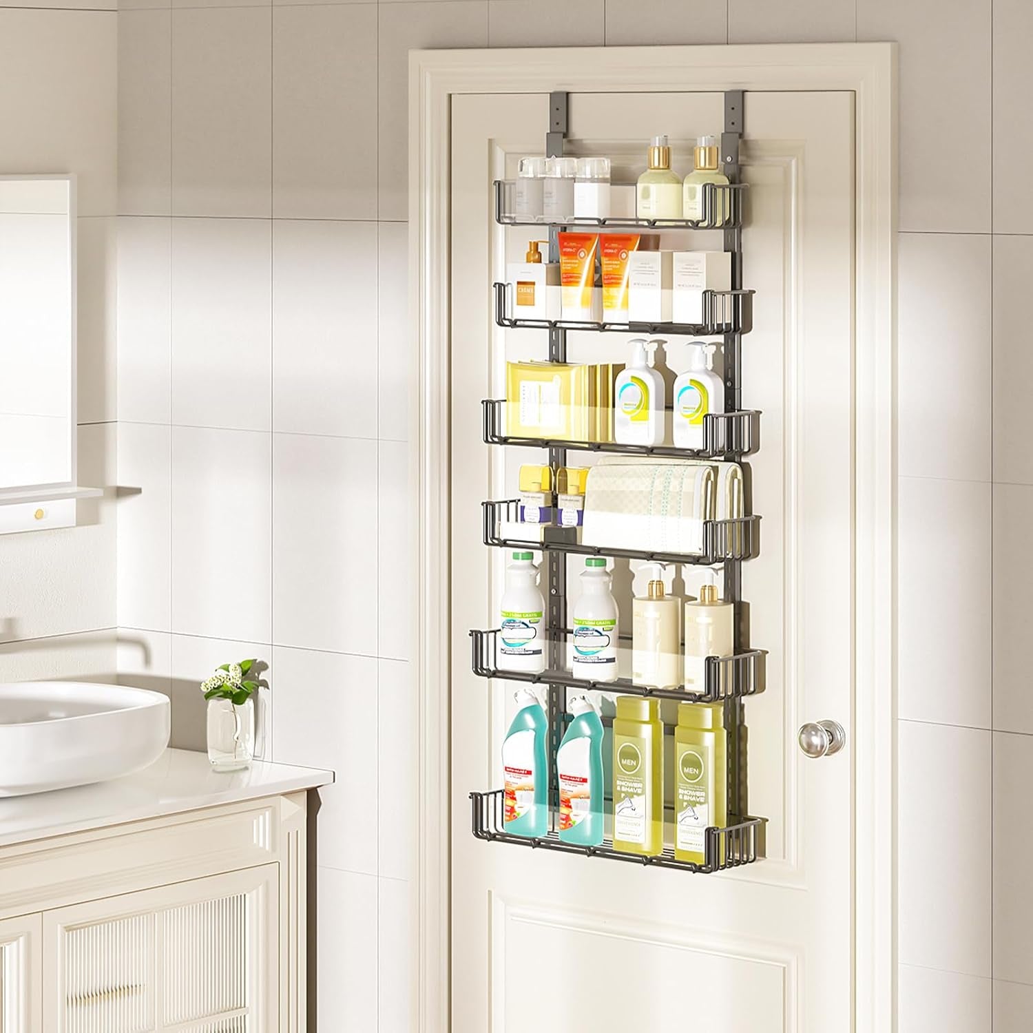 Adjustable over the Door Pantry Organizer with Clear Acrylic Panel, 6-Tier Pantry Organization and Storage for Kitchen, Hanging Spice Rack Seasoning Shelves for Cabinet, Easy Install, Black