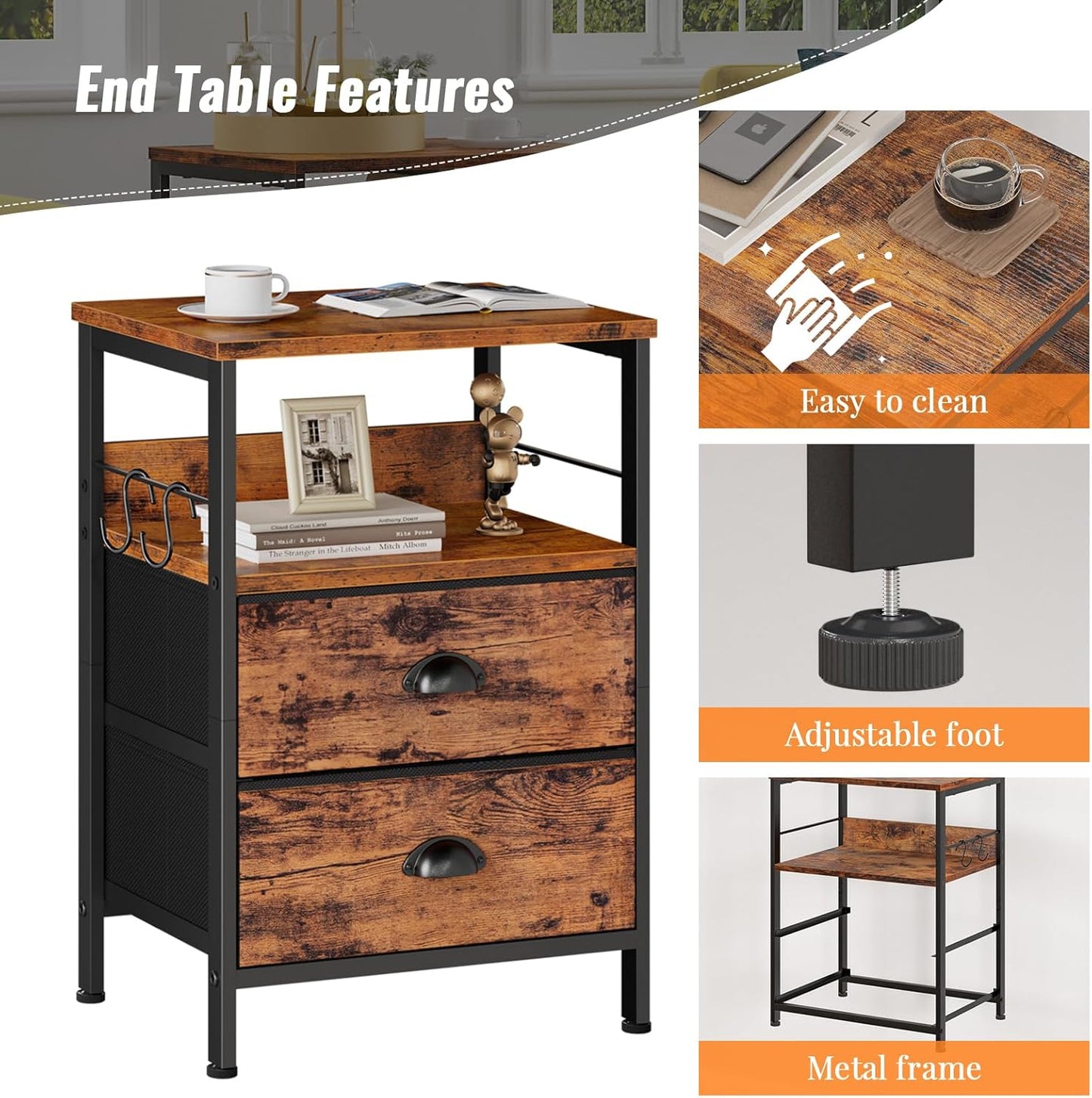 Nightstands Set 2, Bedside Table with 2 Fabric Drawers, End Table with Hooks and Shelf, Side Table for Bedroom/Living Room/Study/Hallway/Brown