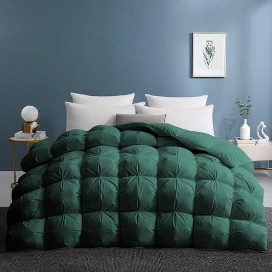 Pinch Pleat Goose Feather down Comforter - All Season Duvet Insert with 100% Cotton Cover, Cloud-Like Fluffiness, 20% Extra Fill (King, Green,106"X90")