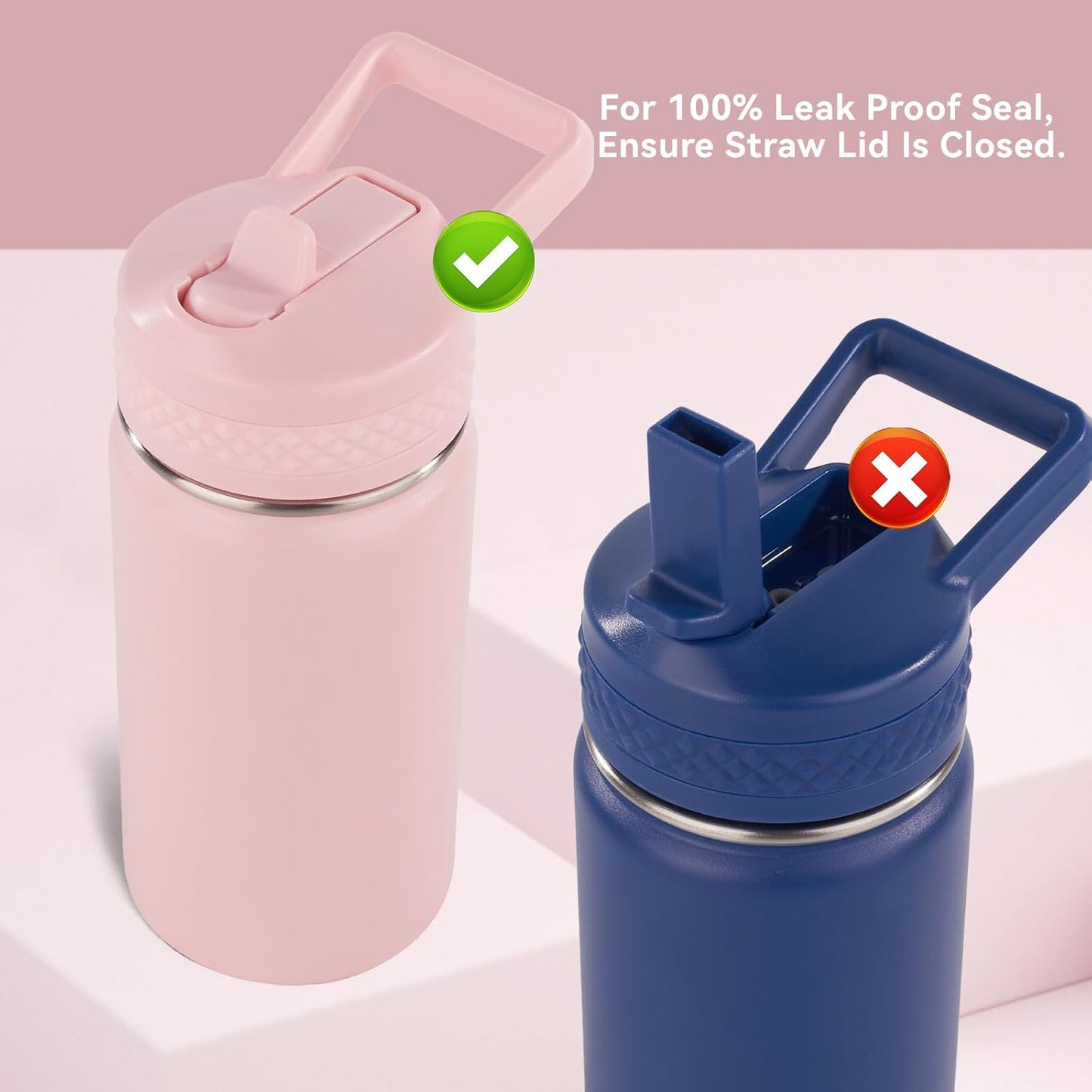 12 Oz Toddler Bottle, Kids Water Bottle for School Boys&Girls with Straws Lids, 304 Stainless Steel Vacuum Insulated Thermos, Bpa-Free, Blue + Pink
