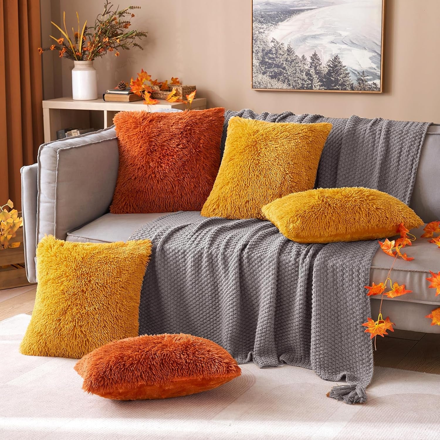Set of 2 Fall Luxury Faux Fur Throw Pillow Covers Deluxe Decorative Plush Pillow Case Cushion Cover Shell for Sofa Bedroom Car 18X18 Inch Burnt Orange