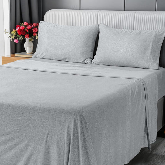 Queen Sheet Set - Jersey Knit Sheets 4 Piece – Cotton – Soft T-Shirt Stretchy Sheets (Heather Light Grey)