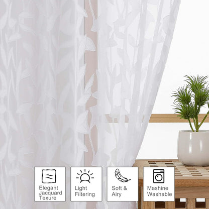 Leyna 2 Panels Sheer White Curtains 63 Inch Length for Bedroom, Soft Lightweight Jacquard Clip Window Curtain for Living Room, Double Rod Pockets Textured Drapes, Each 40Wx63L Inches